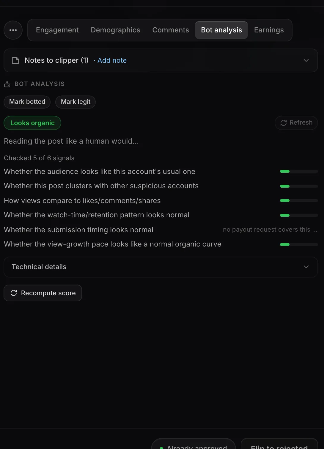 The Exposure submission modal's Bot analysis tab.