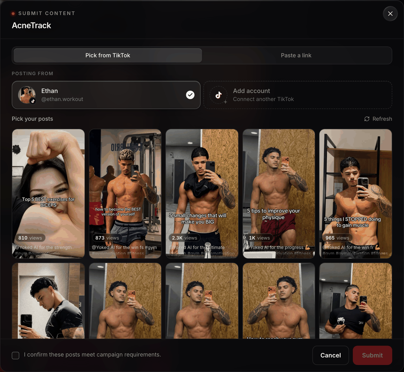 The Exposure submit-content modal: a creator's connected TikTok account, and a grid of their real posts pulled from TikTok's API with live view counts, ready to submit.